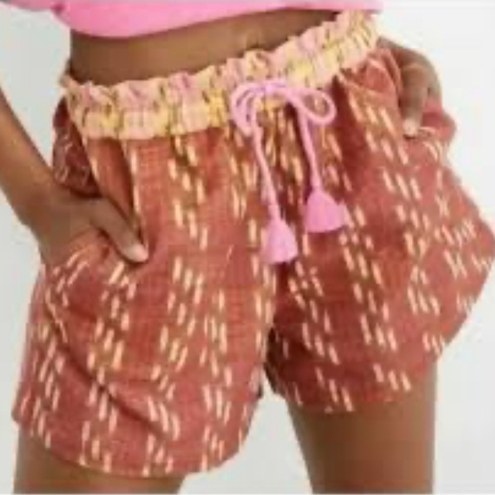 Aerie Jacquard Paperbag Waist Yellow Shock Brown Tassel Front Short SMALL NWT